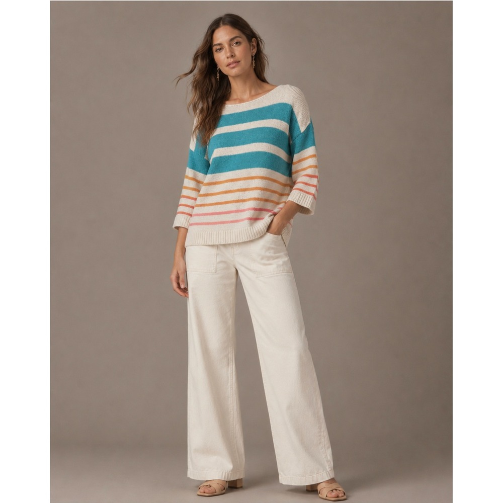 LOFT Striped Knit Sweater M Cream Blue Orange Pink Boat Neck Coastal Beachy Boho